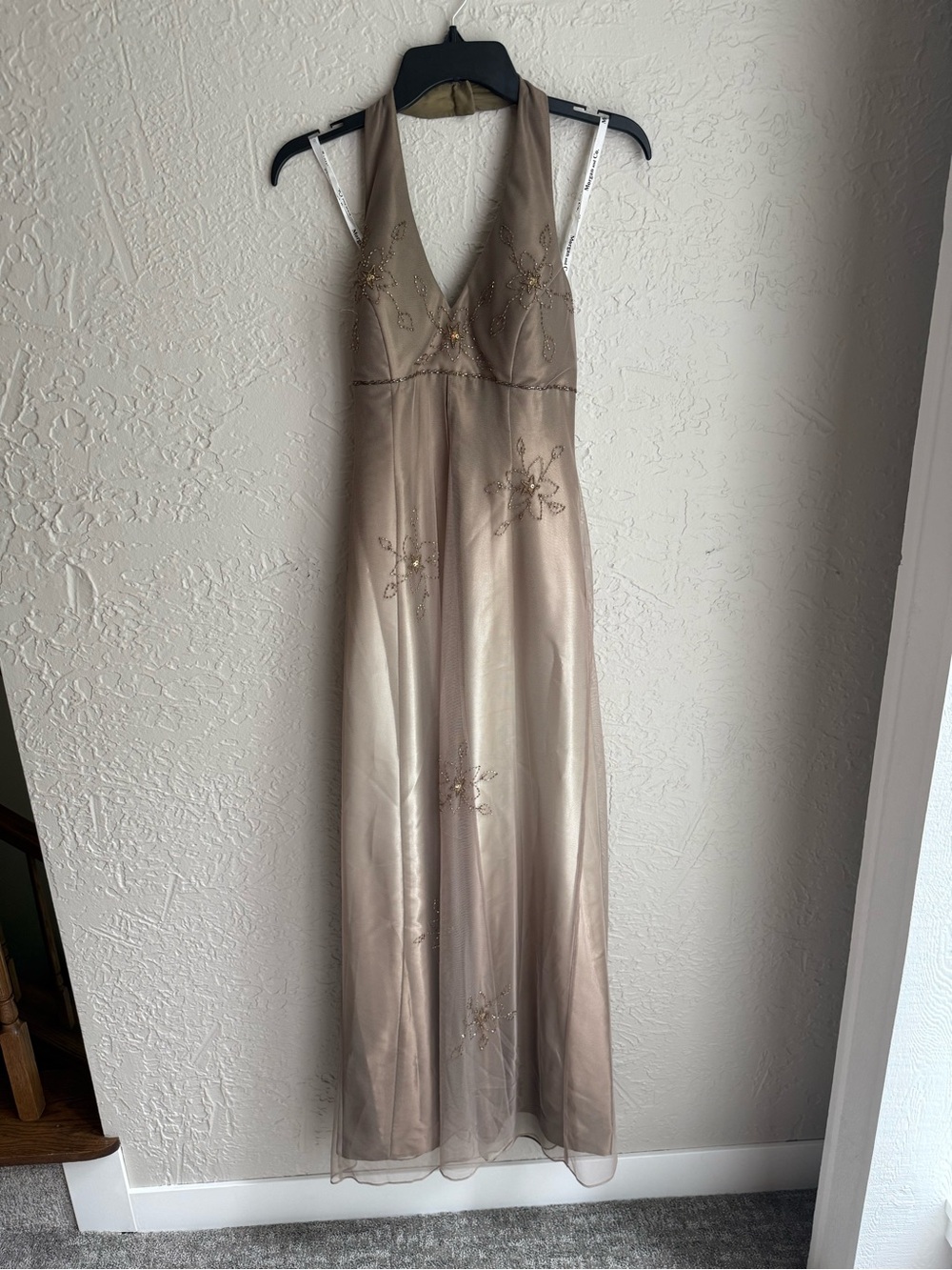 Vintage Early 2000’s Morgan & Co. Taupe Beaded Halter Satin Maxi Dress